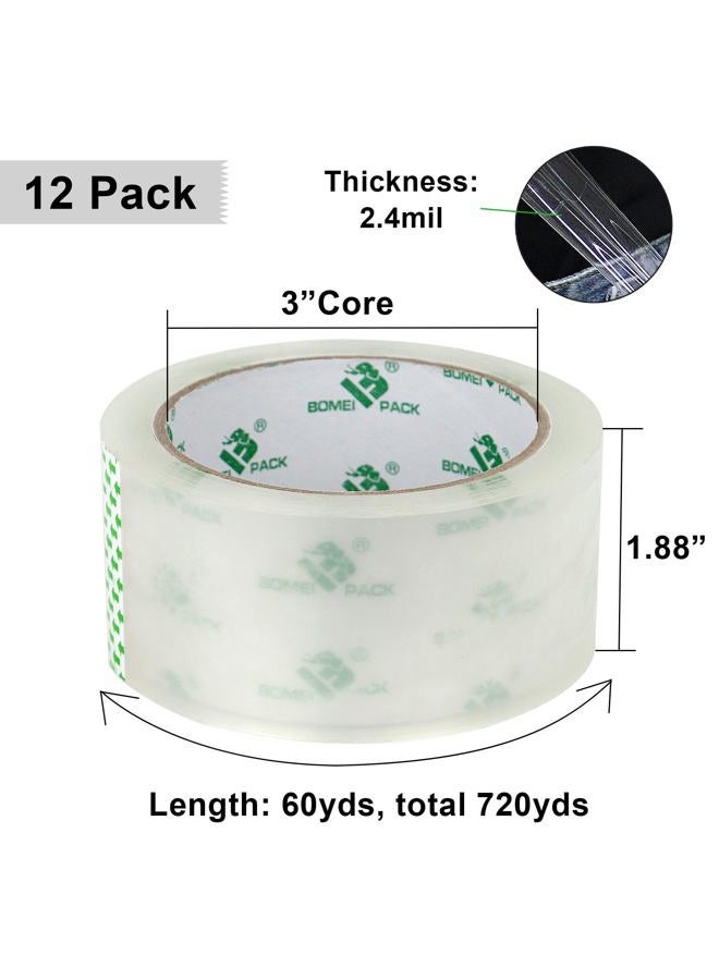 BOMEI PACK 12 Rolls Clear Packing Tape Rolls with Free Dispenser, Heavy Duty Refill Tape for Shipping Moving and Packaging, 2.4Mil 1.88 Inch x 60 Yard, - Image 2