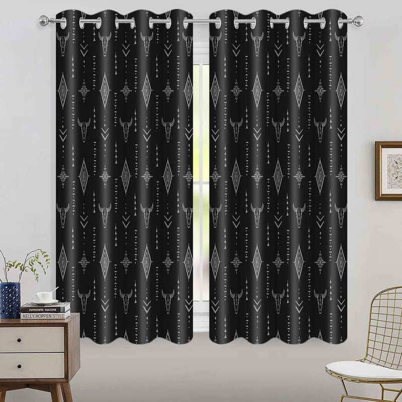 Ahbewin Tribal Aztec Print Window Strtain Planels 2 Pack Bull Skull Tribal Boho Design Aztec نمط الغرفة الستائر النافذة لغرفة المعيشة 52x63 بوصة Cllsah593 - Image 1