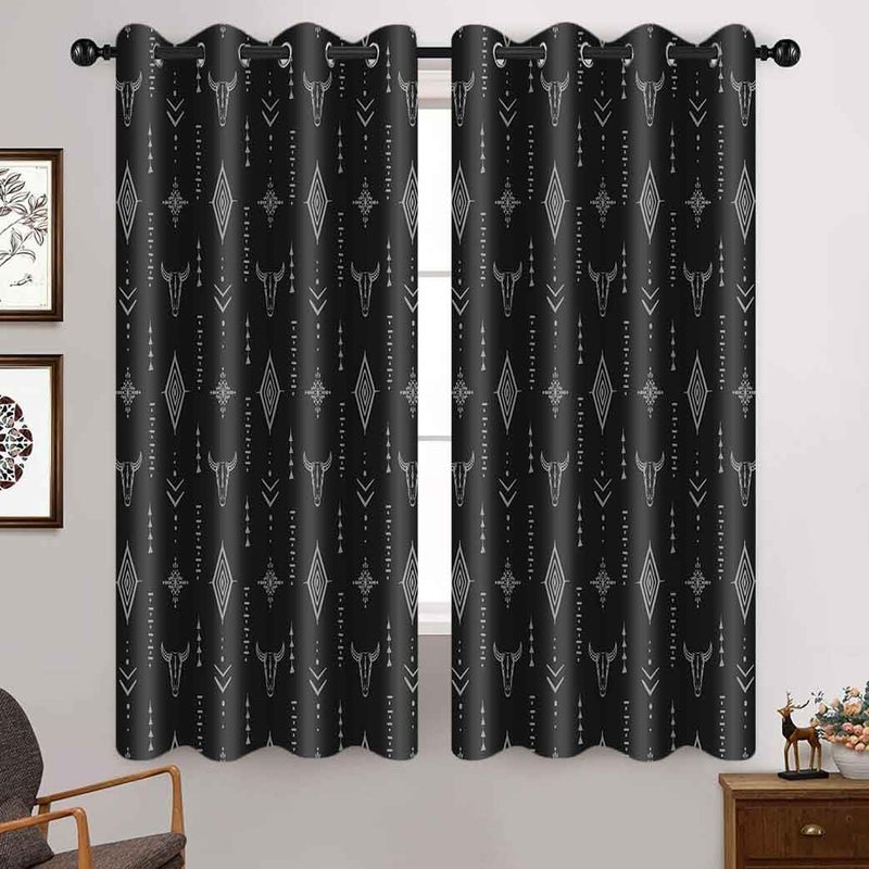 Ahbewin Tribal Aztec Print Window Strtain Planels 2 Pack Bull Skull Tribal Boho Design Aztec نمط الغرفة الستائر النافذة لغرفة المعيشة 52x63 بوصة Cllsah593 - Image 3