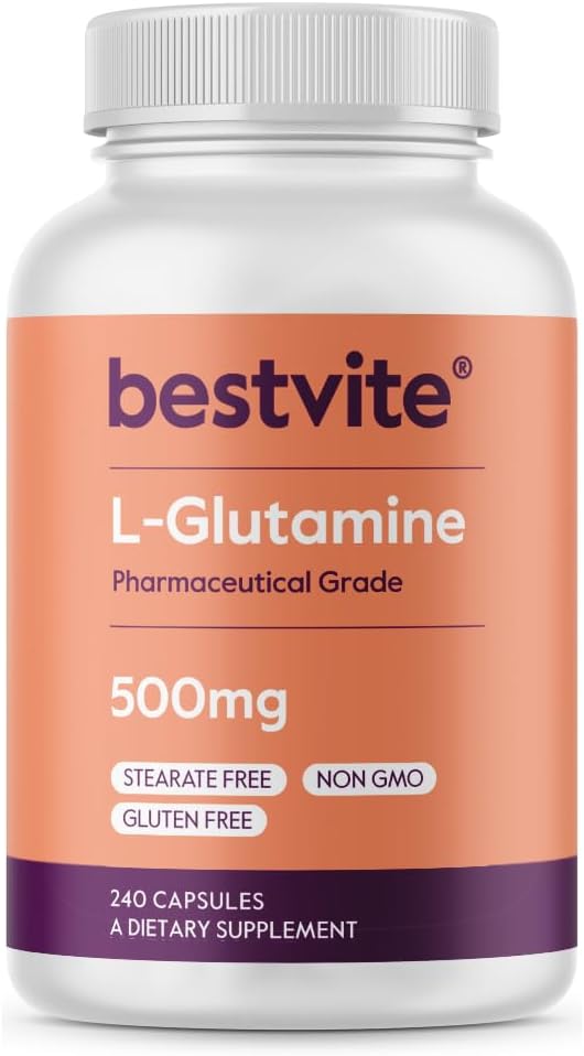 BESTVITE LGlutamine 500mg per Capsule 240 Capsules  No Dicalcium Phosphate  No Stearates  Non GMO  Gluten Free  Gut Health Support - Image 1