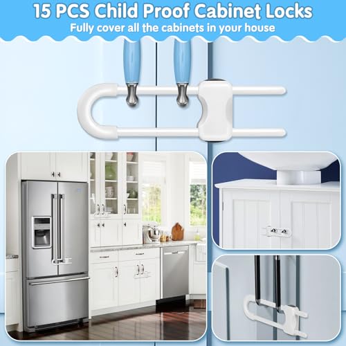 Modacraft 15 Pcs Sliding Cabinet Latches, U Shaped Cabinet Door Locks, Baby Cabinet Safety Latches for Baby Proofing, No Drilling Tool-Free Installation Easy to Use for Knobs or Handle Double Door - Image 2