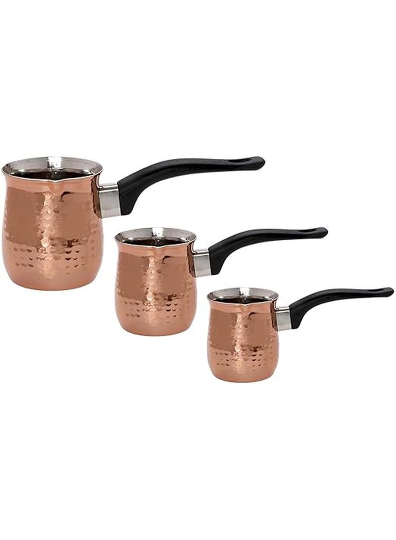 Turkish Coffee Pot Set of 3 250ml/450ml/600ml Stainless Steel with High Quality Exterior Copper Coating | Coffee Warmer with Heat Insulation Handle | Turkish Coffee Pot - Image 1