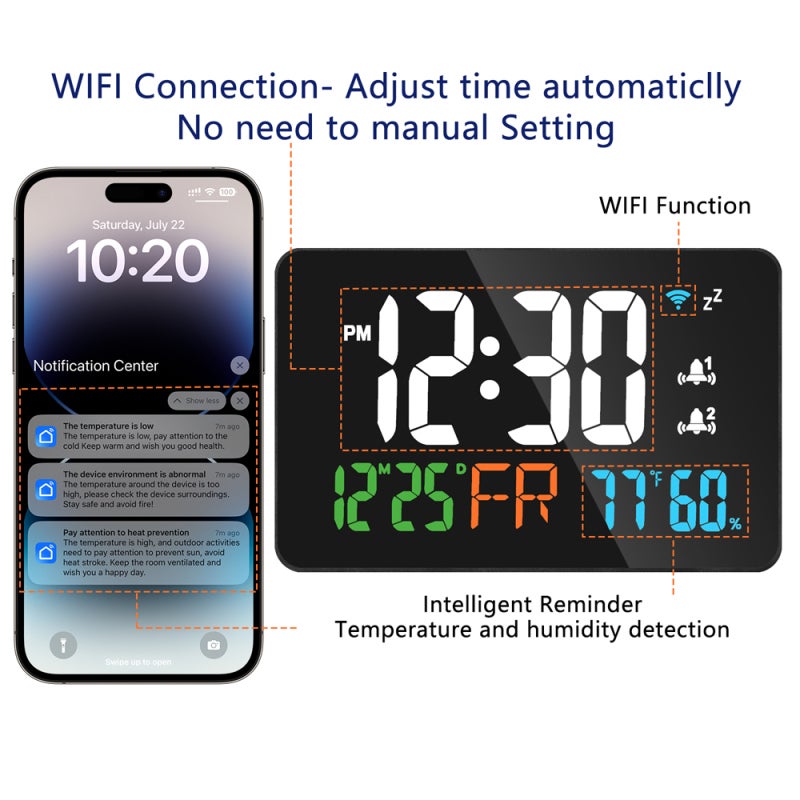 Tuya WiFi Desktop Clock Calendar Intelligent Thermometer Hygrometer with Digital LED Display Support WIFI Auto-Calibration/4-Level Adjustable Brightness/APP Remote View/High Temperature Warning for - Image 5