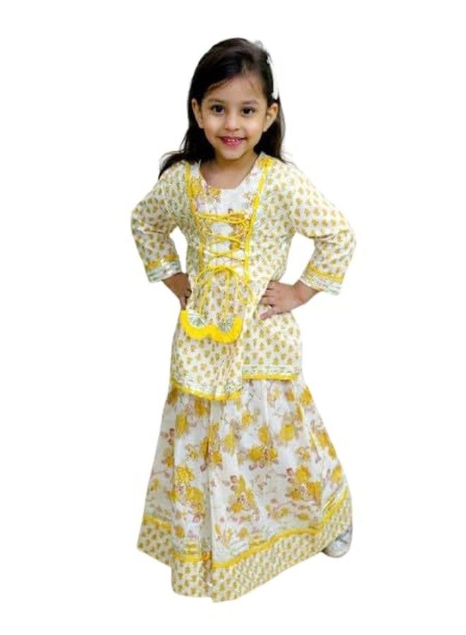 BAMBOOLOGY بدلة دُوري بنمط بلوك مطبوع من القطن الخالص للفتيات الصغيرات | أصفر (7-8 سنوات) - Image 1