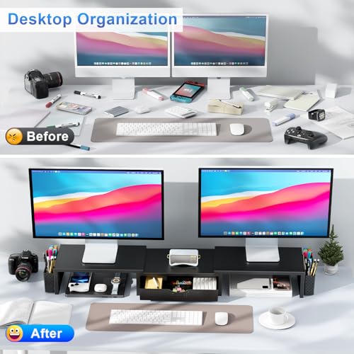 gianotter Dual Monitor Stand Riser, Desk Organizer With Drawer and 2 Pen Holders, Computer Monitor Stand, Shelf for Top of Desk, Black - Image 2