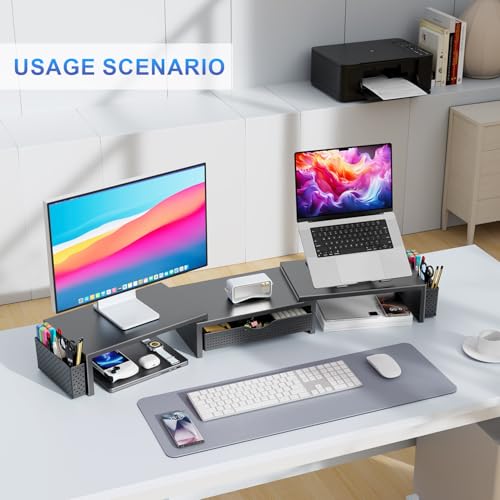 gianotter Dual Monitor Stand Riser, Desk Organizer With Drawer and 2 Pen Holders, Computer Monitor Stand, Shelf for Top of Desk, Black - Image 4