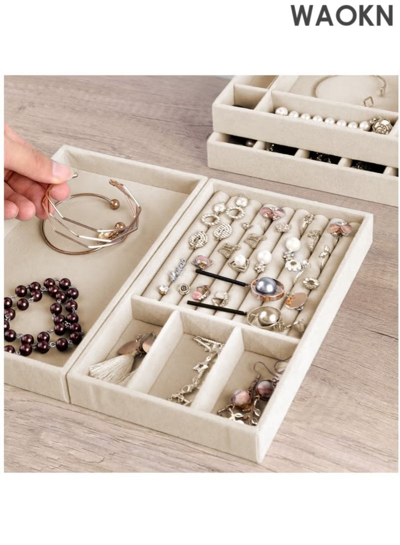 WAOKN 4 PCS Stackable Jewelry Organizer Trays, Drawer Organizer and Jewelry Display Case Storage Container for Earring Necklace Rings Bracelet with Removable Dividers - Image 2