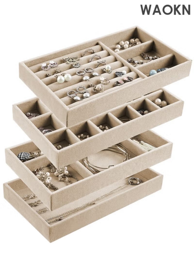 WAOKN 4 PCS Stackable Jewelry Organizer Trays, Drawer Organizer and Jewelry Display Case Storage Container for Earring Necklace Rings Bracelet with Removable Dividers - Image 1