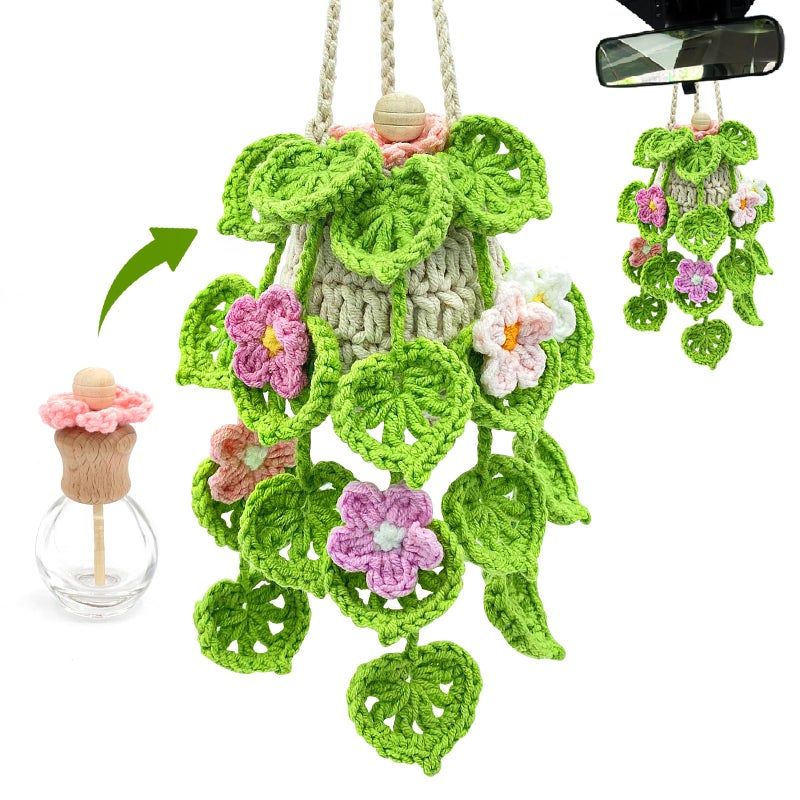 SGIBYN Crochet Car Air Freshener 15ml Empty Refillable Oil Diffuser Bottle with Hanging Crochet Flowers Plant for Car Rearview Mirror Decor Air Freshener Diffuser for Home and Office DecorFlowers - Image 2