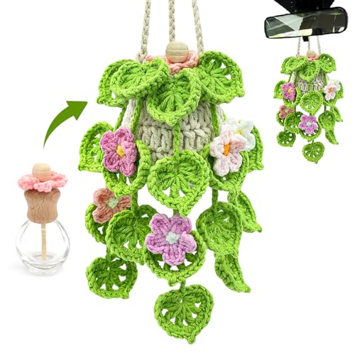 SGIBYN Crochet Car Air Freshener 15ml Empty Refillable Oil Diffuser Bottle with Hanging Crochet Flowers Plant for Car Rearview Mirror Decor Air Freshener Diffuser for Home and Office DecorFlowers - Image 1