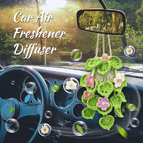 SGIBYN Crochet Car Air Freshener 15ml Empty Refillable Oil Diffuser Bottle with Hanging Crochet Flowers Plant for Car Rearview Mirror Decor Air Freshener Diffuser for Home and Office DecorFlowers - Image 3