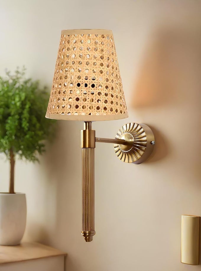 ANTIQUE BRASS FINISH WALL LAMPS FOR LIVING ROOMS WITH BAMBOO SHADE | RATTAN AND CANE WALL LIGHT FOR BEDROOM | WICKER WALL LAMPS - JASMIT