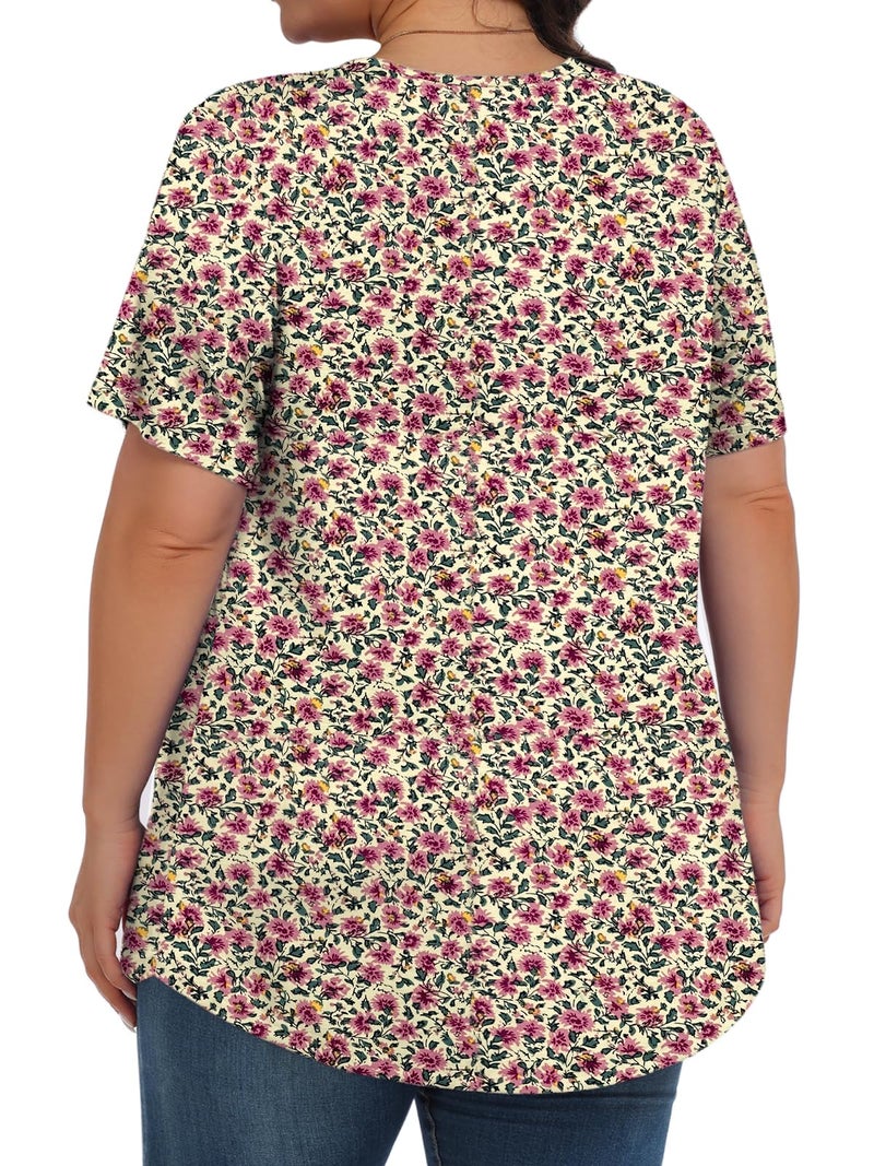Tencede Womens Plus Size Tops Tunic Short Sleeve Crew Neck Shirts Casual Soft Blouse Red Apricot 2X - Image 4