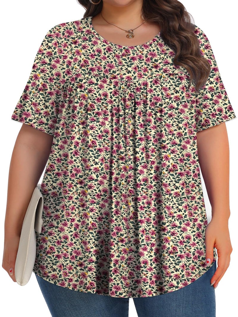 Tencede Womens Plus Size Tops Tunic Short Sleeve Crew Neck Shirts Casual Soft Blouse Red Apricot 2X - Image 3