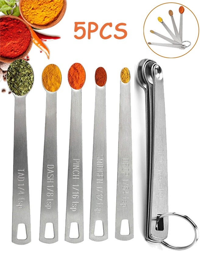 MXN 5 Pcs Mini Measuring Spoons Set - Stackable Design 1/4, 1/8, 1/16, 1/32, 1/64 TSP Sizes, Flat Handle Metal Measuring Spoons Made of Durable Stainless Steel for Cooking, Baking & Small Kitchen Tasks - Image 1