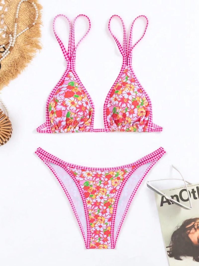 TASHEHE Women's Bikini Set High Leg Cut Double Straps Cute Triangle Swimsuit High Waist Two Piece Bathing Suit - Floral Rose Red / 402 - Small - Image 5