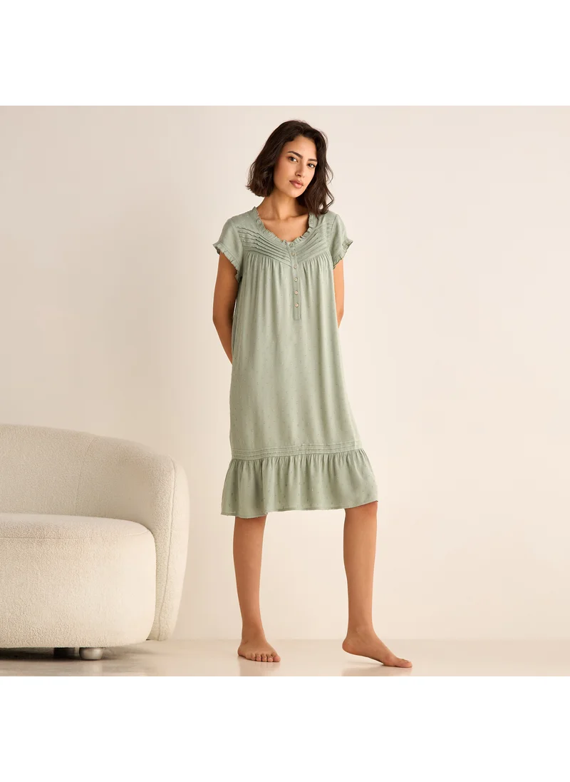 سبلاش فيڤ Textured Round Neck Night Dress with Short Sleeves and Pintuck Detail