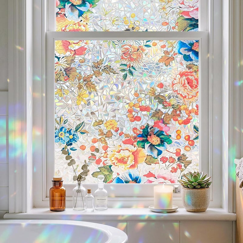 ADD.HERES Window Privacy Film Home Room Bathroom Spring Decor Car Decorations, Stained Glass Window Film, Static Cling Window Film, Window Tint，Rainbow Window Film (Floral Mirror, 17.5" x 78.7") - Image 1