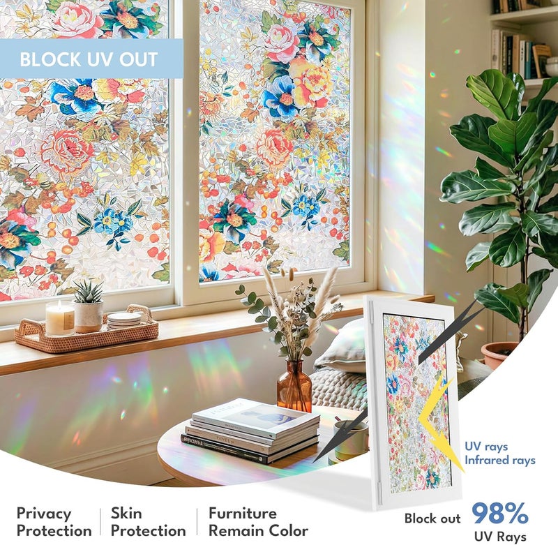 ADD.HERES Window Privacy Film Home Room Bathroom Spring Decor Car Decorations, Stained Glass Window Film, Static Cling Window Film, Window Tint，Rainbow Window Film (Floral Mirror, 17.5" x 78.7") - Image 4
