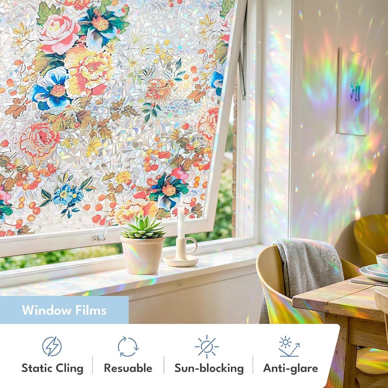ADD.HERES Window Privacy Film Home Room Bathroom Spring Decor Car Decorations, Stained Glass Window Film, Static Cling Window Film, Window Tint，Rainbow Window Film (Floral Mirror, 17.5" x 78.7") - Image 3