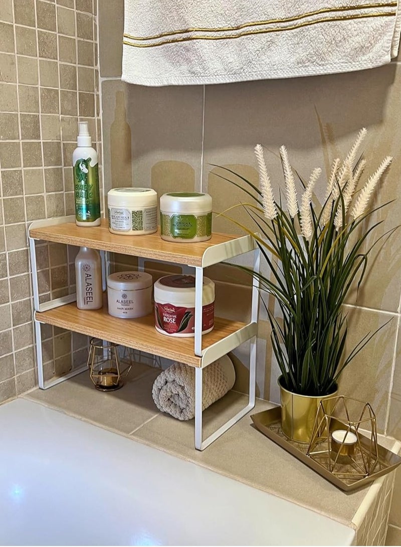 ركن الأخوات منظم رف خشبي للمطبخ - رف تخزين قابل للتكديس للخزائن والأسطح، متعدد الاستخدام للمخزن، الحمام، المكتب | خشب عسلي وابيض، 32 سم - Image 4