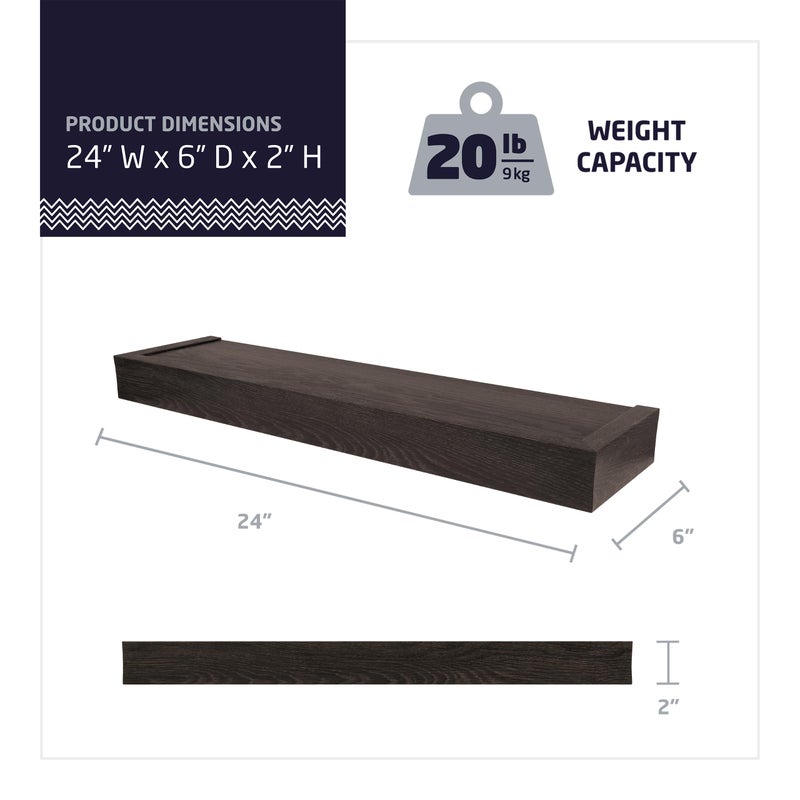 HIGH & MIGHTY Modern 24" Floating Shelf Holds up to 20 lbs, Easy Tool-Free Dry Wall Installation, Flat, Espresso | 515659 - Image 2