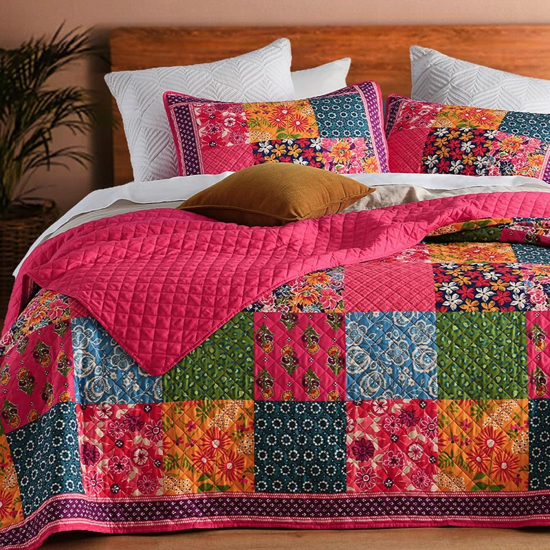 TEXSTEAD Quilt Set Queen Size Floral Patchwork Quilted Soft Comforter Set Bedding Sets Coverlet Bedspread Decorative Quilts with 2 Pillow Shams 90x90 3 Pieces