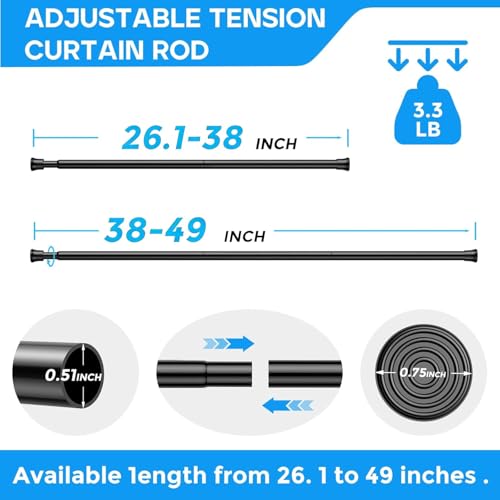 QINGYUN 2 Pack Black Spring Tension Curtain Rods 28-48 Inches, Spring Loaded Curtain Rods No Drilling, Adjustable Small Tension Rod for Windows, Kitchen, Doorway, Bathroom, Closet - Image 3
