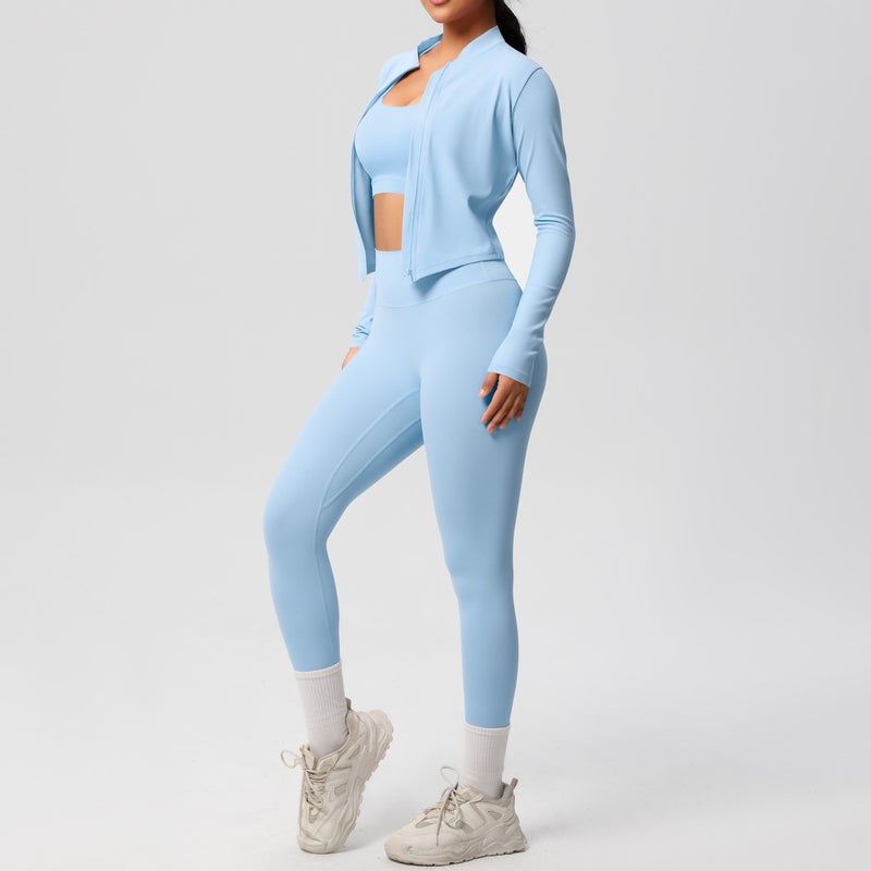 Women's Solid Color Double-Sided Brushed Yoga Set - 3-Piece Tight Fitness Running Suit