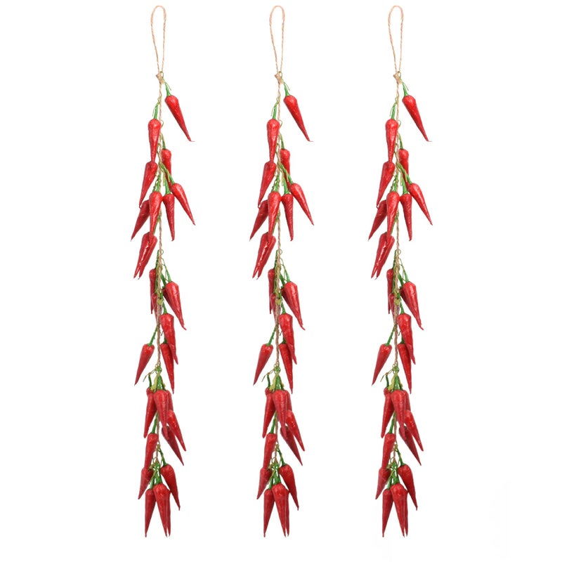 VIOCIWUO 3Pcs Artificial Red Peppers Simulation Lifelike Vegetable Fake Hanging Chili Pepper String Fruit Garland Vine for Home Kitchen Farm Party Wall Decoration Red