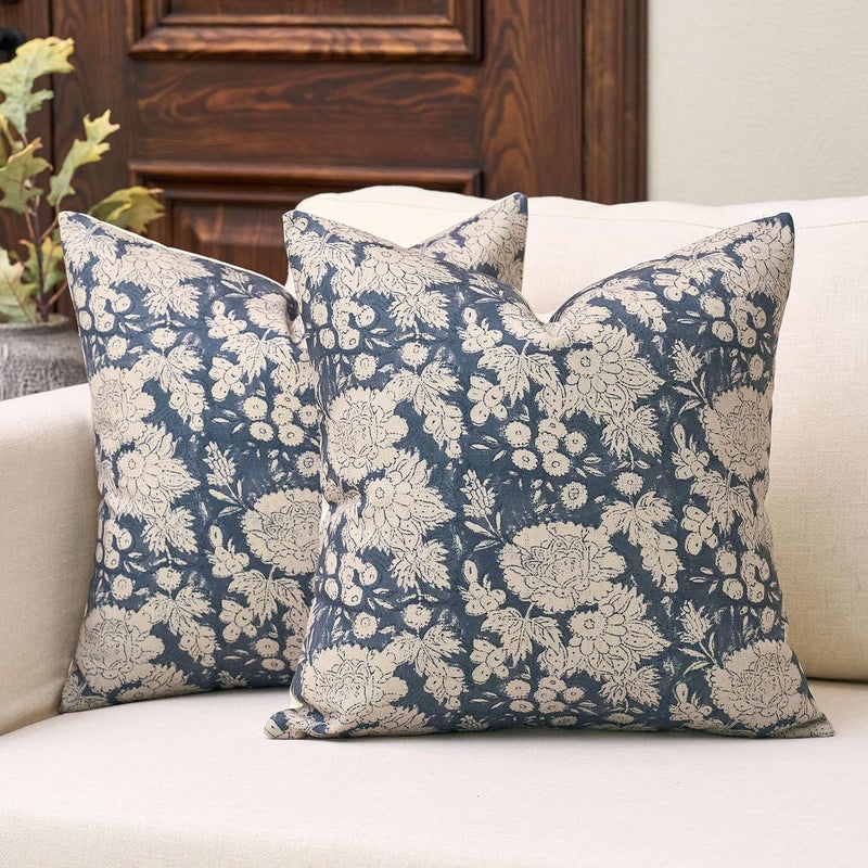 DOMVITUS Floral Pillow Covers 20x20 Set of 2, Vintage Block Print Pillow Covers Neutral Decorative Farmhouse Throw Pillow Covers for Bed Couch Living Room Dusty Blue - Image 1