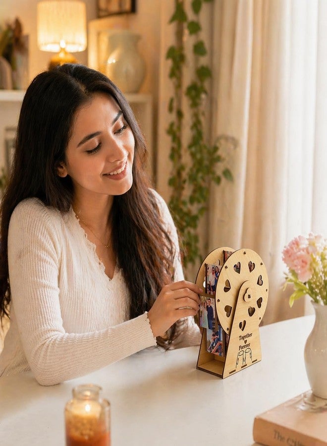 MeeCraft Wooden Ferris Wheel Photo Carousel | Creative Desk Decor Rotating Swing with Heart Cutouts | Multi-Picture Display for Home Decoation, 20x8 cm, Beige. - Image 3