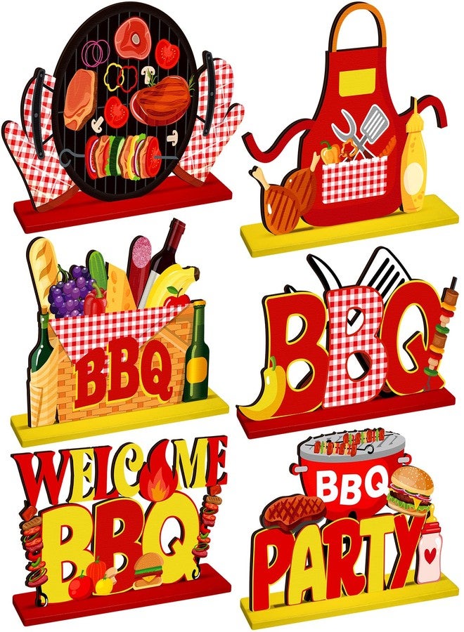 Pickmesh 6 Pcs BBQ Wooden Table Centerpieces BBQ Wood Tabletop Signs Barbecue Themed Party Decorations Home Decoration Birthday Baby Shower Decorations for Summer Carnival Party Picnic Supplies - Image 1