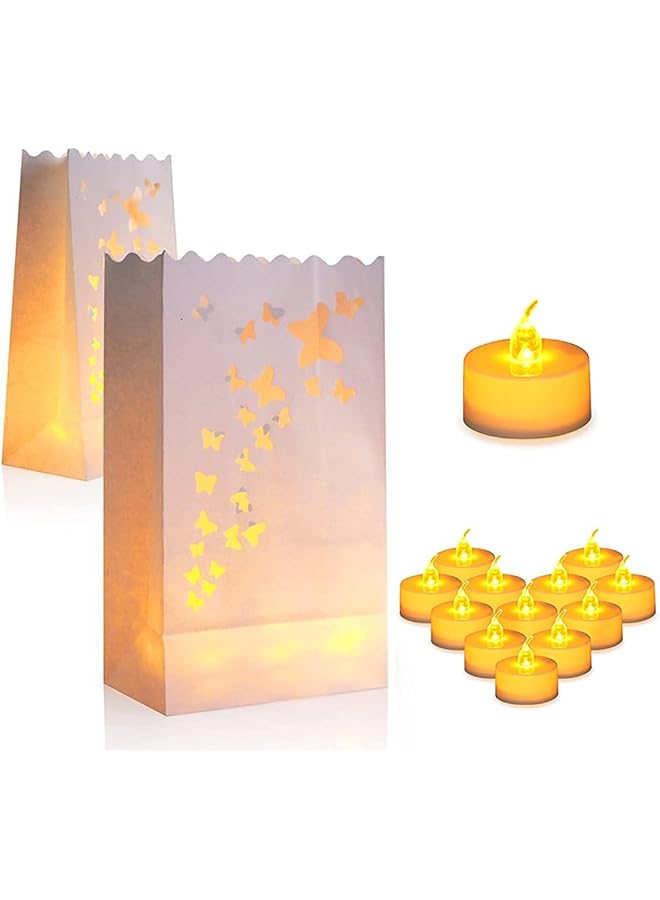 The Bros 24 Flameless Tea Lights & 24 Butterfly Shape Luminary Bag Set, Battery Operated LED Tea Lights & Butterfly Luminary Bags, Fake Candles with Realistic Flame for Wedding, Party, Christmas - Image 1