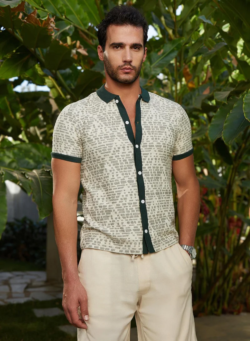 Campus Sutra Men's Sacramento Green & Off-White Geometrix-Knit Polo Shirt For Casual Wear | Polo Neck | Short Cuffed Sleeves | Button Closure | Shirt Crafted With Comfort Fit For Everyday Wear