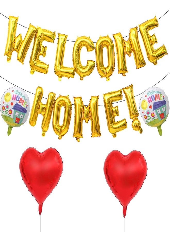 AxiyanX Gold 16" Welcome Home Balloons Kit with 2Pcs Foil Home Balloons & 2Pcs Heart Balloon for House Warming Party, Family Gathering Decoration | Self-Sealing Design (Gold) - Image 1