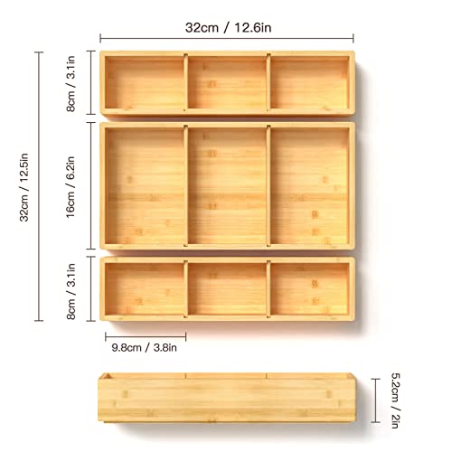 DUJEN Bamboo Drawer Organizer 12.5'' X 12.5'' X 2'', Adjustable 3 Individual Junk Drawer organizer for Bathroom and Kitchen, Wood Drawer Tea Organier Boxes for Silverware, Make up and Tea Bag - Image 2
