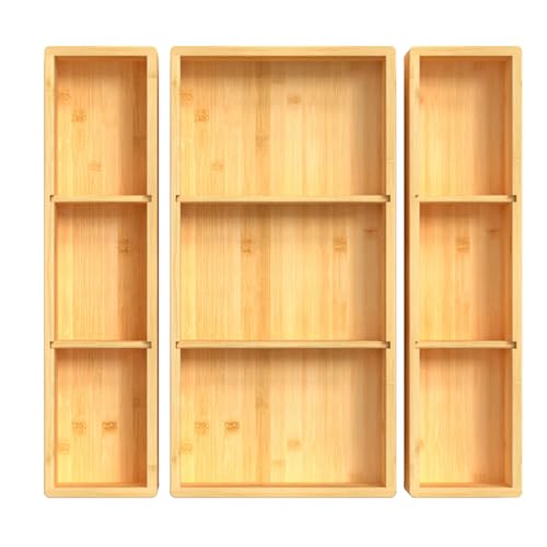 DUJEN Bamboo Drawer Organizer 12.5'' X 12.5'' X 2'', Adjustable 3 Individual Junk Drawer organizer for Bathroom and Kitchen, Wood Drawer Tea Organier Boxes for Silverware, Make up and Tea Bag - Image 1