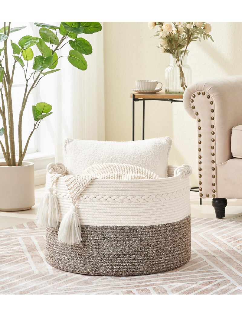 Bukela Large Blanket Basket (20"x13"),Woven Baskets for storage Baby Laundry Hamper, Cotton Rope Blanket Basket for Living Room, Laundry, Nursery, Pillows, Baby Toy chest (White/Beige) - Image 1