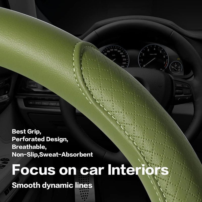 VARGTR Steering Wheel Cover - Microfiber Leather with Classic Embossing, Anti-Slip Breathable Fit 15 Inch Wheel Protector (Green) - Image 2