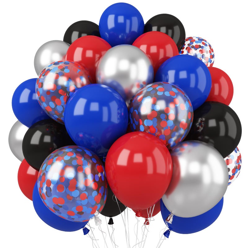 Togvu Red Blue Black Balloon, 12 Inch Spider Party Decorations, Matte Red Black and Royal Blue Latex Balloon with Confetti Balloons for Kids Boys Spider Hero Theme Birthday Baby Shower Halloween Party - Image 1