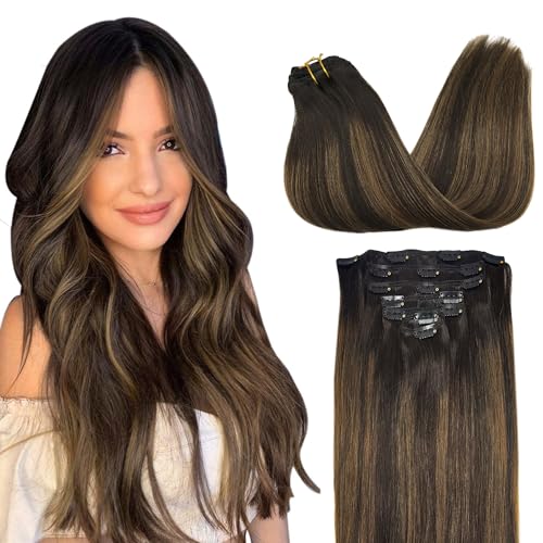 Googoo GOO GOO Clip in Hair Extensions Real Human Hair, Remy Human Hair Extensions Clip ins for Women, Natural Human Hair, 14inch 120g 7Pcs, 2/6/2 Balayage Dark Brown to Chestnut Brown - Image 1