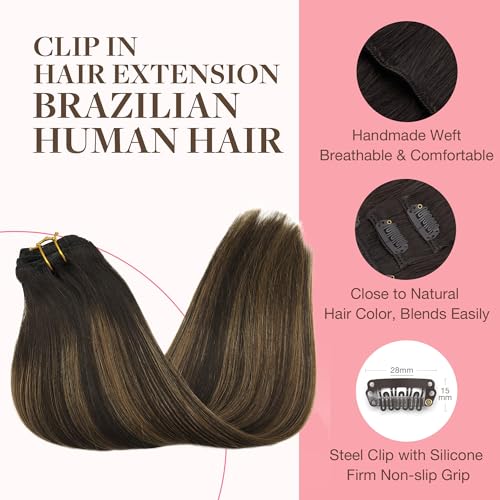 Googoo GOO GOO Clip in Hair Extensions Real Human Hair, Remy Human Hair Extensions Clip ins for Women, Natural Human Hair, 14inch 120g 7Pcs, 2/6/2 Balayage Dark Brown to Chestnut Brown - Image 3
