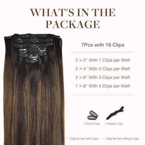 Googoo GOO GOO Clip in Hair Extensions Real Human Hair, Remy Human Hair Extensions Clip ins for Women, Natural Human Hair, 14inch 120g 7Pcs, 2/6/2 Balayage Dark Brown to Chestnut Brown - Image 2