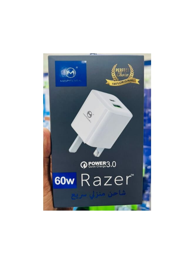 محول طاقة 60 وات 3.0 شاحن سريع أبيض