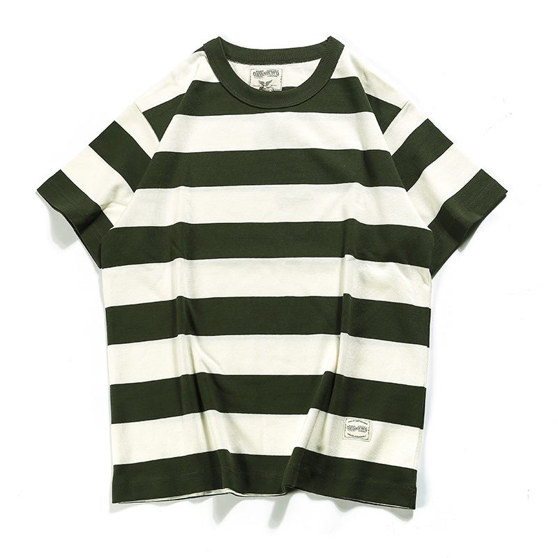Generic OKONKWO new American retro Kaji T-shirt heavy prisoner motorcycle mens short sleeve thick large striped T-shirt 9132 green and white stripes 