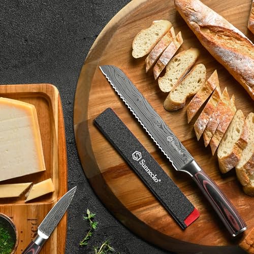 Sunnecko 8 Inch Bread Knife - High Carbon German Steel Serrated Bread Knife for Homemade Sourdough & Crusty Loaves, Ultra Sharp Kitchen Knife with Sheath, Professional Cake Slicer Gift for Mom and Dad - Image 2