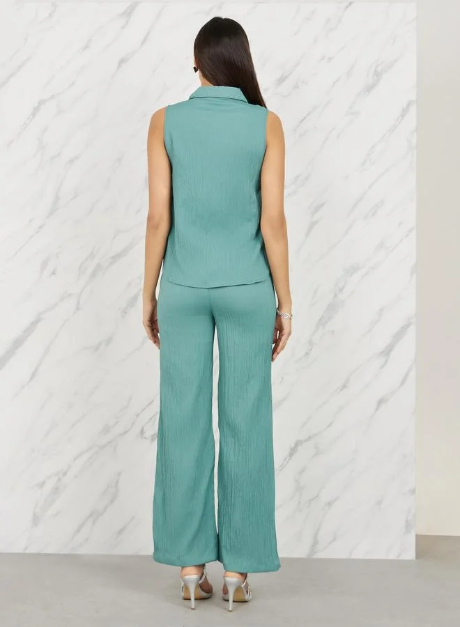 Styli Styli Embellished Collar Textured Top and Straight Leg Pant Set