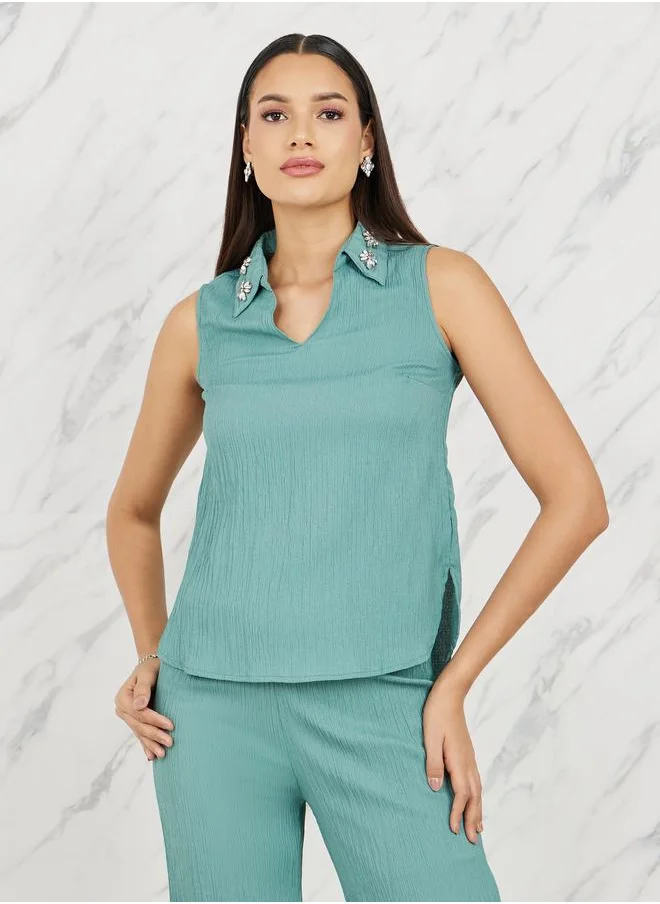 ستايلي Styli Embellished Collar Textured Top and Straight Leg Pant Set