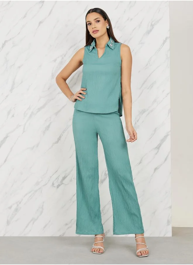 ستايلي Styli Embellished Collar Textured Top and Straight Leg Pant Set